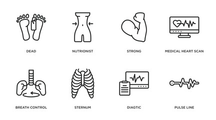 medical outline icons set. thin line icons such as dead, nutrionist, strong, medical heart scan, breath control, sternum, diagtic, pulse line vector.