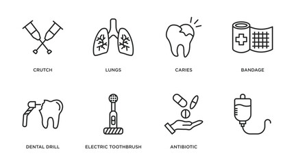 medical outline icons set. thin line icons such as crutch, lungs, caries, bandage, dental drill, electric toothbrush, antibiotic, vector.