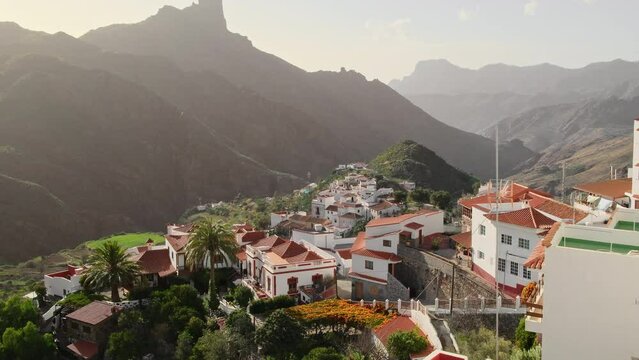 Tejeda village with Roque Nublo peak at background in Gran Canaria, Spain