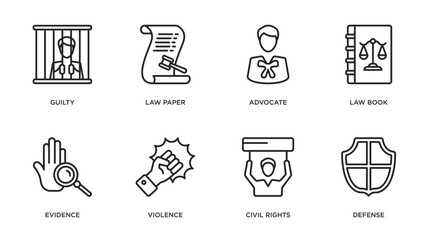law and justice outline icons set. thin line icons such as guilty, law paper, advocate, law book, evidence, violence, civil rights, defense vector.