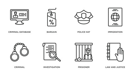 law and justice outline icons set. thin line icons such as criminal database, bargain, police hat, immigration, criminal, investigation, prisioner, law and justice vector.