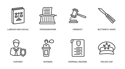 law and justice outline icons set. thin line icons such as labour and social law, stenographer, veredict, butterfly knife, custody, witness, criminal record, police cap vector. - obrazy, fototapety, plakaty