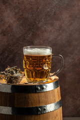 Close-up glass cold beer with foam. banner, menu, recipe place for text