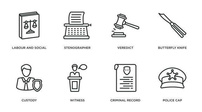 law and justice outline icons set. thin line icons such as labour and social law, stenographer, veredict, butterfly knife, custody, witness, criminal record, police cap vector.