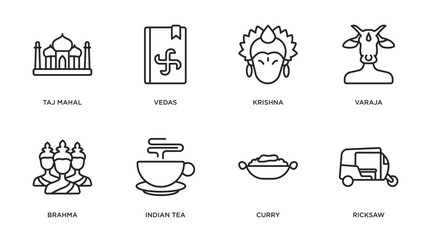 india outline icons set. thin line icons such as taj mahal, vedas, krishna, varaja, brahma, indian tea, curry, ricksaw vector.