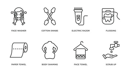 hygiene outline icons set. thin line icons such as face washer, cotton swabs, electric razor, flossing, paper towel, body shaming, face towel, scrub up vector.