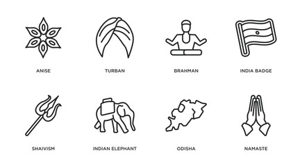 india outline icons set. thin line icons such as anise, turban, brahman, india badge, shaivism, indian elephant, odisha, namaste vector.