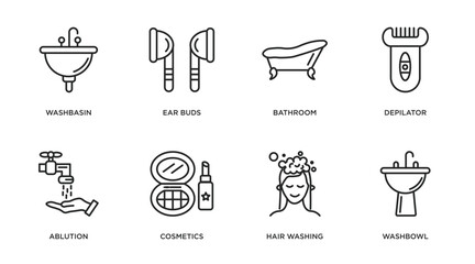 hygiene outline icons set. thin line icons such as washbasin, ear buds, bathroom, depilator, ablution, cosmetics, hair washing, washbowl vector.