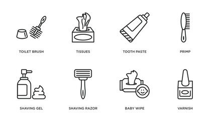 hygiene outline icons set. thin line icons such as toilet brush, tissues, tooth paste, primp, shaving gel, shaving razor, baby wipe, varnish vector.