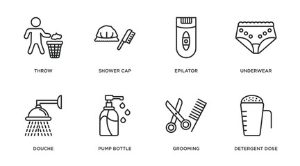hygiene outline icons set. thin line icons such as throw, shower cap, epilator, underwear, douche, pump bottle, grooming, detergent dose vector.