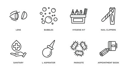 hygiene outline icons set. thin line icons such as lens, bubbles, hygiene kit, nail clippers, sanitary, l aspirator, parasite, appointment book vector.