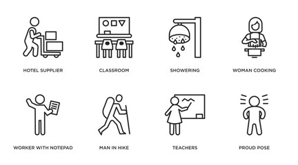 humans outline icons set. thin line icons such as hotel supplier, classroom, showering, woman cooking, worker with notepad, man in hike, teachers, proud pose vector.