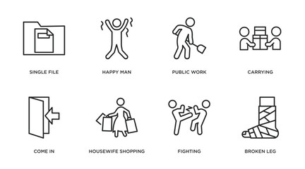 humans outline icons set. thin line icons such as single file, happy man, public work, carrying, come in, housewife shopping, fighting, broken leg vector.