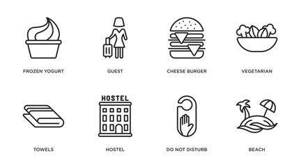 hotel and restaurant outline icons set. thin line icons such as frozen yogurt, guest, cheese burger, vegetarian, towels, hostel, do not disturb, beach vector.
