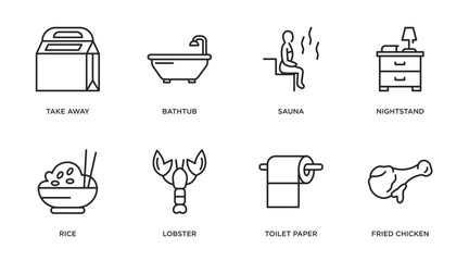 hotel outline icons set. thin line icons such as take away, bathtub, sauna, nightstand, rice, lobster, toilet paper, fried chicken vector.