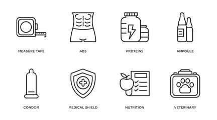 health and medical outline icons set. thin line icons such as measure tape, abs, proteins, ampoule, condom, medical shield, nutrition, veterinary vector.
