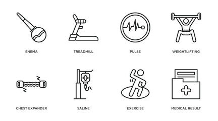 health and medical outline icons set. thin line icons such as enema, treadmill, pulse, weightlifting, chest expander, saline, exercise, medical result vector.