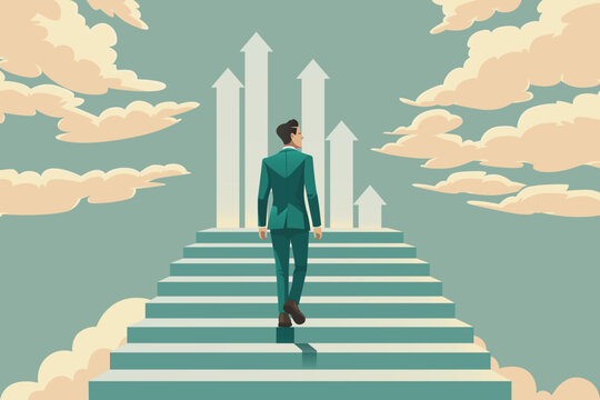 Businessman walking up and stepping the stair to success and goal achievement. Vector Illustration