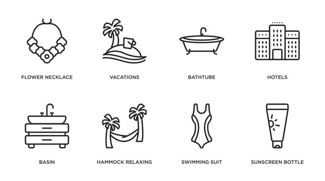 holidays outline icons set. thin line icons such as flower necklace, vacations, bathtube, hotels, basin, hammock relaxing, swimming suit, sunscreen bottle vector.