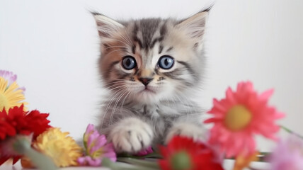 cute kitten with a bouquet of flowers on a white background. Generative AI