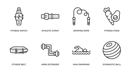 gym and fitness outline icons set. thin line icons such as fitness watch, athletic strap, skipping rope, fitness food, belt, arms extender, man swimming, gymnastic ball vector.