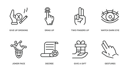 gestures outline icons set. thin line icons such as give up smoking, drag up, two fingers up, watch dark eye, joker face, decree, give a gift, gestures vector.