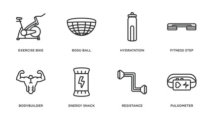 gym and fitness outline icons set. thin line icons such as exercise bike, bosu ball, hydratation, fitness step, bodybuilder, energy snack, resistance, pulsometer vector.