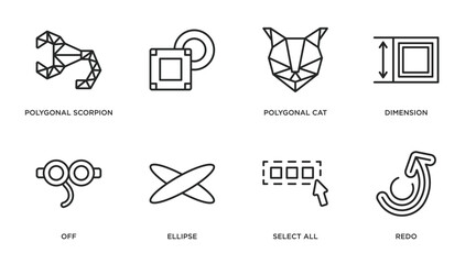 geometry outline icons set. thin line icons such as polygonal scorpion, , polygonal cat, dimension, off, ellipse, select all, redo vector.