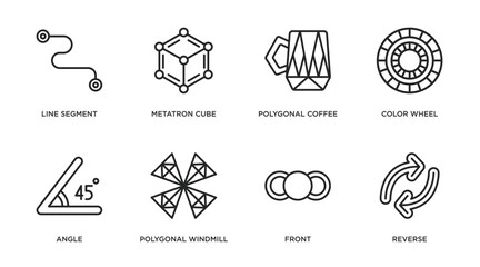 geometry outline icons set. thin line icons such as line segment, metatron cube, polygonal coffee cup, color wheel, angle, polygonal windmill, front, reverse vector.