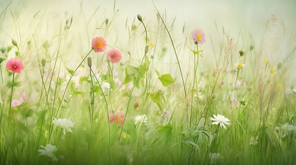 close up green grass wildflower field, Generative Ai