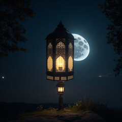 a lantern view from left side and a darkness moon is lip up in front taht says ramadan generative ai