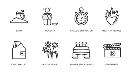 general outline icons set. thin line icons such as sand, poverty, analog stopwatch, heart in flames, card wallet, daisy bouquet, pair of binoculars, fragments vector.