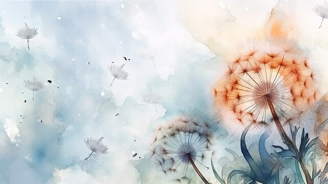 watercolor dandelions art light tones background wallpaper freedom of flight. Generative AI © kichigin19