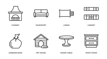 furniture & household outline icons set. thin line icons such as chimney, davenport, linens, cabinet, garbage bags, pet house, dining table, night stand vector.