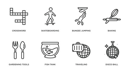 free time outline icons set. thin line icons such as crossword, skateboarding, bungee jumping, baking, gardening tools, fish tank, traveling, disco ball vector.