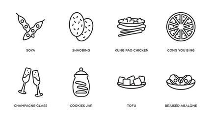 food and restaurant outline icons set. thin line icons such as soya, shaobing, kung pao chicken, cong you bing, champagne glass, cookies jar, tofu, braised abalone vector.