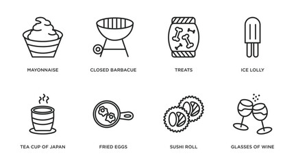 food outline icons set. thin line icons such as mayonnaise, closed barbacue, treats, ice lolly, tea cup of japan, fried eggs, sushi roll, glasses of wine vector.