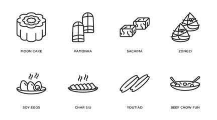 food and restaurant outline icons set. thin line icons such as moon cake, pamonha, sachima, zongzi, soy eggs, char siu, youtiao, beef chow fun vector.