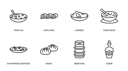 food and restaurant outline icons set. thin line icons such as tong sui, zhaliang, congee, sour soup, cantonese seafood soup, baozi, beer keg, cider vector.