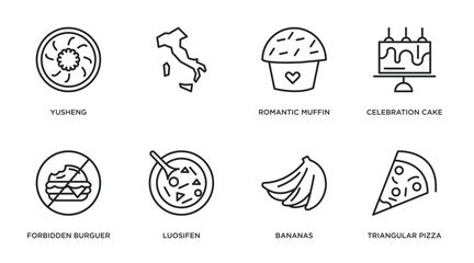 food outline icons set. thin line icons such as yusheng, , romantic muffin, celebration cake, forbidden burguer, luosifen, bananas, triangular pizza slice vector.