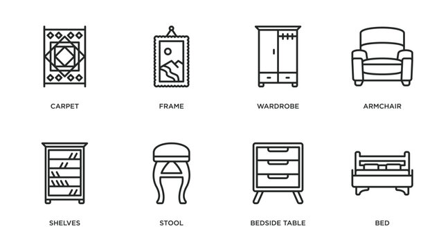 furniture collection. outline icons set. thin line icons such as carpet, frame, wardrobe, armchair, shelves, stool, bedside table, bed vector.