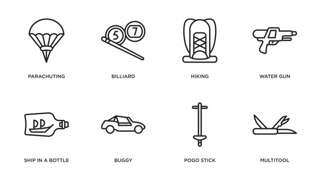 free time outline icons set. thin line icons such as parachuting, billiard, hiking, water gun, ship in a bottle, buggy, pogo stick, multitool vector.