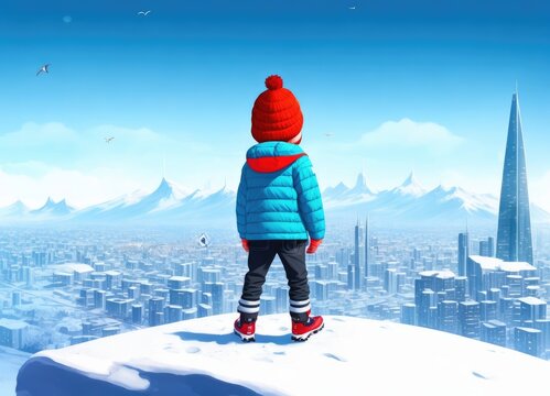a small kid enjoying beautiful view of city  by standing on top of the mountain