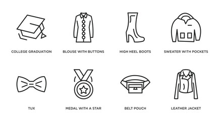 fashion outline icons set. thin line icons such as college graduation cap, blouse with buttons, high heel boots, sweater with pockets, tux, medal with a star, belt pouch, leather jacket vector.
