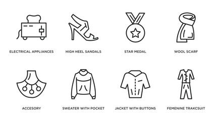 fashion outline icons set. thin line icons such as electrical appliances, high heel sandals, star medal, wool scarf, accesory, sweater with pocket, jacket with buttons, femenine trakcsuit vector.