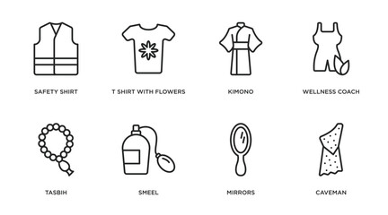 fashion outline icons set. thin line icons such as safety shirt, t shirt with flowers, kimono, wellness coach, tasbih, smeel, mirrors, caveman vector.