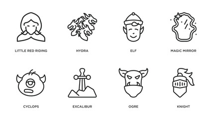 fairy tale outline icons set. thin line icons such as little red riding hood, hydra, elf, magic mirror, cyclops, excalibur, ogre, knight vector.
