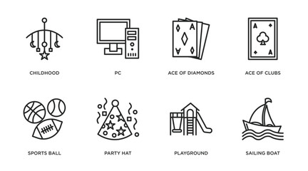 arcade outline icons set. thin line icons such as childhood, pc, ace of diamonds, ace of clubs, sports ball, party hat, playground, sailing boat vector.