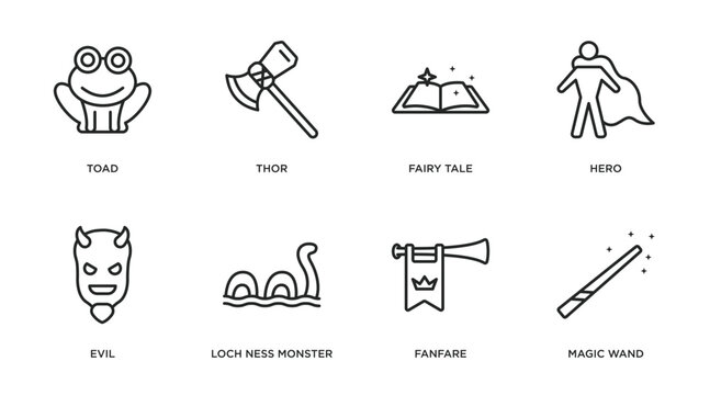 fairy tale outline icons set. thin line icons such as toad, thor, fairy tale, hero, evil, loch ness monster, fanfare, magic wand vector.