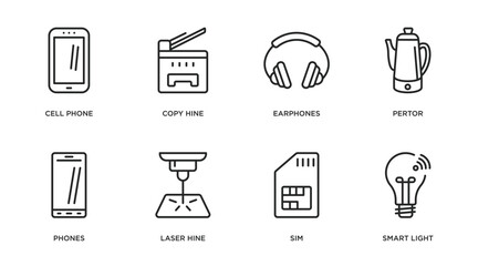 electronic devices outline icons set. thin line icons such as cell phone, copy hine, earphones, pertor, phones, laser hine, sim, smart light vector.